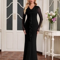 Elegant slim fit black long sleeve dress with mesh sleeves and cascading ruffles decor - XS / Black