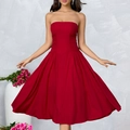 Elegantes trägerloses weinrotes Kleid mit Falten an der Taille und A-Linien-Mittelrock - XS / Rot