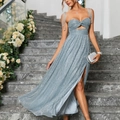 Elegant silver blue metallic evening dress with cut-out waist and high side slit - XS / Blue Gray