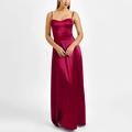 Elegantes fuchsiafarbenes Maxikleid aus Satin mit Spaghettiträgern und Stickerei - XS / Burgunderrot