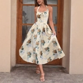 Floral halter dress in light yellow with brown roses and elegant tie-front bow detail - XS / Yellow With Rose Print