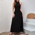 Elegant black halter neck smocked knit maxi dress with a flowy A-line pleated skirt - XS / Black