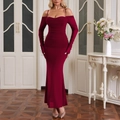 Elegant wine red off-shoulder long sleeve bodycon maxi dress with ruched detail - XS / Burgundy