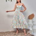 Abito midi allacciato al collo azzurro a fiori con schiena scoperta e lacci regolabili - XS / Fondo Blu Fiori Rosa
