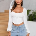 Top corto bianco a maniche lunghe con scollo a coulisse e dettagli arricciati - XS / Bianco