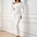 Elegant white ruched long sleeve maxi dress with off-shoulder design for a slim fit look - XS / White