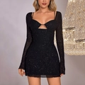 Mini abito nero con paillettes, maniche lunghe in mesh e scollatura a cuore cut-out - XS / Nero
