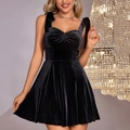 Ärmelloses Samt-Minikleid mit Schleifenträgern und plissierter Brust in Slim-Fit - XS / Schwarz