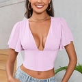 Sexy lilac chiffon corset top featuring deep V-neck and delicate flutter sleeves - XS / Light Purple