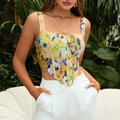 Florales Corset-Top mit U-Ausschnitt und spitzem Saum zu weißer High-Waist-Hose - XS / Gelb Geblümt