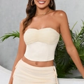 Elegantes beiges Mesh-Top mit Raffungen und korsettartiger Passform für einen modernen Look - L / Gebrochenes Weiß