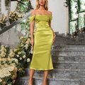 Lime green off-the-shoulder satin dress with corset waist and elegant ruched details - Olive Green