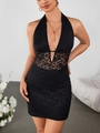 Detailed texture of black floral lace fabric on a sexy deep V-neck halter mini dress - XS / Standard / Black