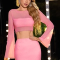 Pink sequin mesh long sleeve crop top and skirt set with sheer flare sleeves for women - XS / Tops / Pink