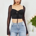 Sexy schwarzes Mesh-Langarm-Crop-Top mit Kordelzug vorne und Schnürdetails - XS / Schwarz