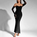 Sparkly black bodycon evening dress with mesh sleeves and flattering ruched details - M / Black
