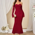 Elegant wine red sequin evening gown with matching sleeves and a fishtail silhouette - XS / Burgundy