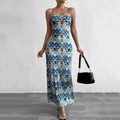 Slim fit backless maxi dress with vibrant bohemian print and elegant thin straps - S / Blue Floral Print