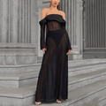 Robe longue noire élégante à épaules dénudées avec manches longues et détails en tulle - XS / Noir
