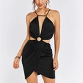 Sexy black bodycon dress with halter neck, waist cut-outs, and asymmetrical wrap skirt - XS / Black