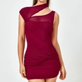 Sexy wine red ruched mini dress featuring an asymmetrical cutout neckline and mesh detail - XS / Burgundy