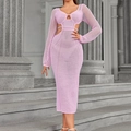 Pink knit crochet maxi dress featuring cut-out details and long sleeves for beach style - XS / Pink