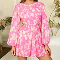 Rosa geblümtes Langarm-Minikleid mit Taillenausschnitten und Puffärmeln für süßen Look - XS / Rosa