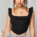 Elegante top de tirantes negro con volantes y pliegues verticales estilo corsé vintage - XS / Negro