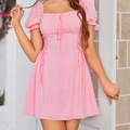 Pink puff sleeve mini dress with square neck and lace-up drawstring waist detail - XS / Pink