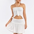 Weißes zweiteiliges Set mit Neckholder-Crop-Top und Falten-Minirock aus weichem Milchseide - XS / Weiß
