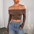 Brown off-shoulder long sleeve crop top with pleated texture and slim fit design - XS / Brown