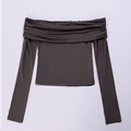 Long sleeve off-the-shoulder milk silk top with ruching details in dark grey color - XS / Dark Gray