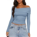 Slim fit light blue off-shoulder long sleeve top with ruched detail for women - S / Blue Gray