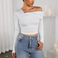 Slim fit white off-shoulder long sleeve top with stylish front ruched detailing - L / White