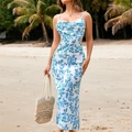 Sexy backless satin slip maxi dress with blue floral print and waist cut-outs - XS / Regular Fit / White with Blue Flowers