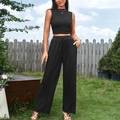 Zweiteiliges Damen-Set mit schwarzem ärmellosem Crop-Top und hochtaillierter weiter Jogginghose - XS / Schwarz