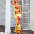 Sexy Neckholder Maxikleid mit lebhaftem abstraktem Blumendruck und rückenfreiem Satin-Finish - XS / Gelb Abstrakter Kunstdruck (SUM5353A)