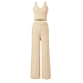 Set in maglia beige da donna con crop top con scollo a V e pantaloni a vita alta a gamba larga - XS / Beige
