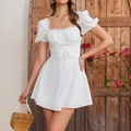 Elegant white square neck mini dress with puff sleeves and lace trim detail - XL / White