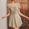 French vintage khaki puff sleeve mini dress with corset lacing and lace trim details - XS / Khaki