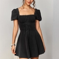 Elegant black A-line mini dress with square neck lace trim and puff sleeves - XS / Black