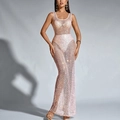 Robe longue sexy en maille à paillettes dos nu avec transparence pour soirées chic - XS / Rose