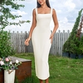Elegant white square neck sleeveless knit maxi dress with slim fit and thigh slit detail - XS / Apricot