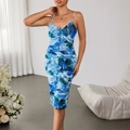 Elegant blue and white floral bodycon midi dress with ruched detail and slim straps - XS / Blue