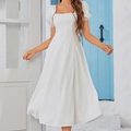 Elegant white square neck midi dress with puff sleeves and A-line silhouette for summer - XS / White