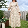 Floral A-line maxi dress with long lantern sleeves and red flower print on white base - XS / Apricot Flower