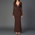 Sparkly dark brown V-neck maxi dress with long sleeves and cross strap details - XS / Brown