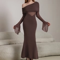 Chocolate brown one-shoulder maxi dress with sheer mesh panels and flare cuffs - M / Brown