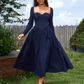 Detail of the structured corset bodice and elegant sweetheart neckline on a navy dress - XS / Navy Blue