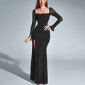 Vestido de noche negro brillante de manga larga con escote cuadrado y abertura alta - XS / Negro